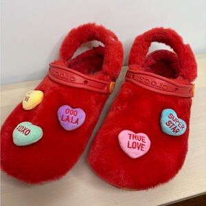 CROCS Red Fuzzy Clogs with Heart Charms